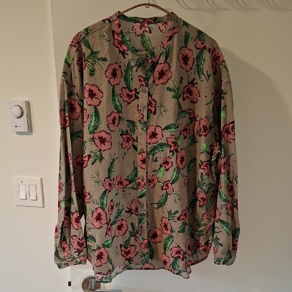 Linen & Cotton Green & Pink Hibiscus/Hawaiian Floral Button-Up Blouse (Size Xl)